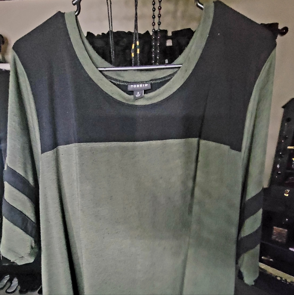 Torrid camo green and black striped arm t shirt